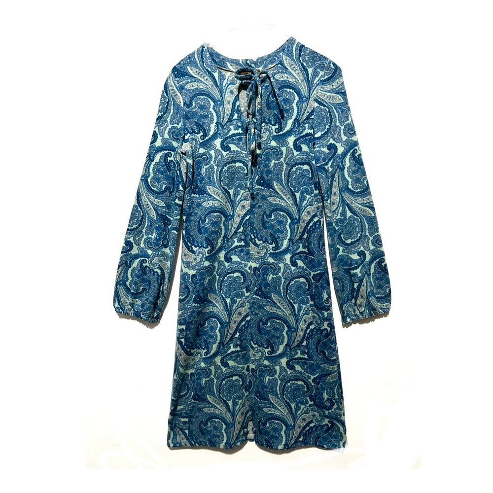 Vintage 60s French Mod Wool Blend Paisley Midi Dress Knit Blue keyhole M/L